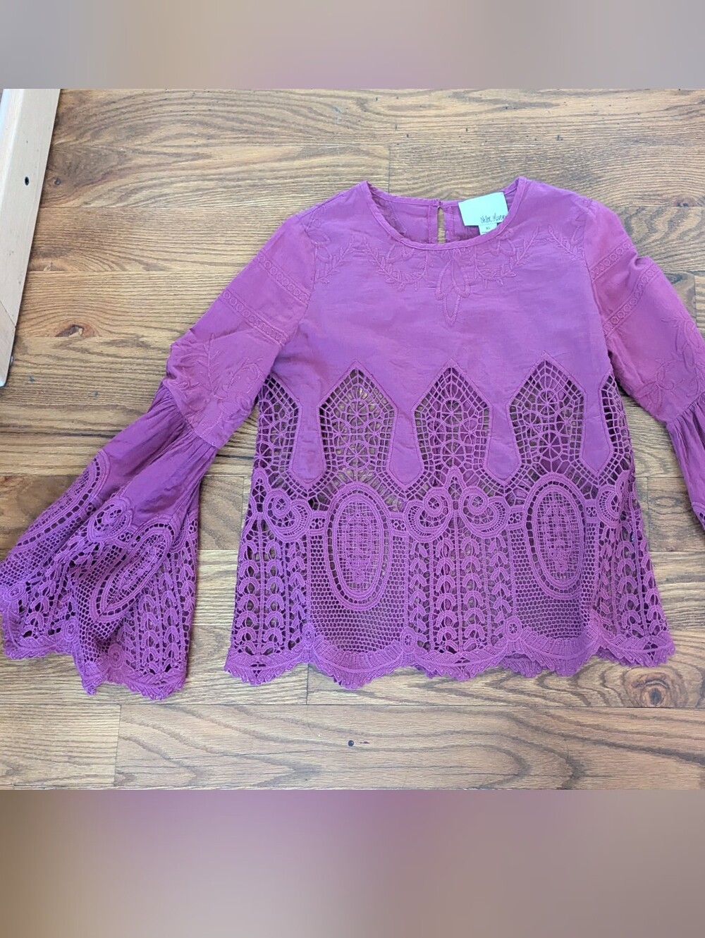 anthropologie embroidered purple lace blouse